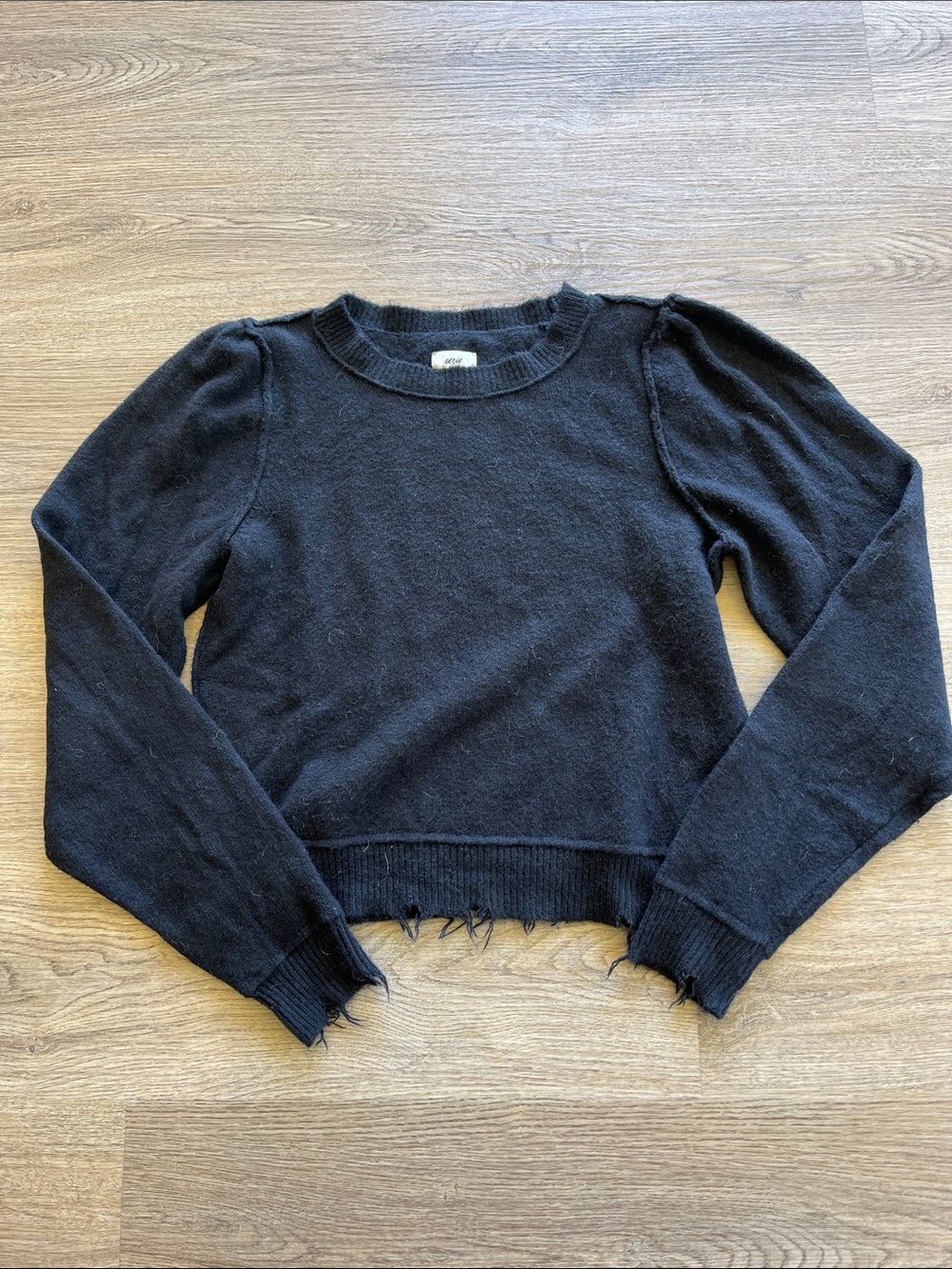 aerie Black Cropped Crewneck Sweater with Distressed Hem